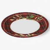 クラシックレッドクリスマスタータンチェックホリー&金ゴールド葉 ペーパープレート (アングル)