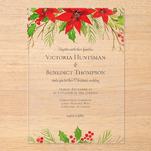 クラシックレッドクリスマスポインセチア結婚フローラ アクリル招待状 (正面)