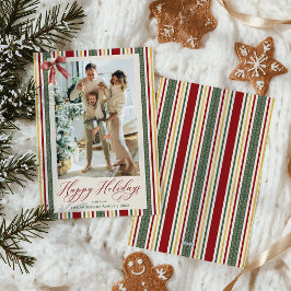 クラシックレッドグリーンストライプズBowハッピーホリデーズフォト シーズンカード