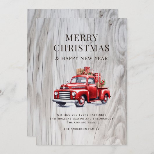 クラシックレッドトラックのクリスマスプレゼント ラスティックウッド シーズンカード (正面/裏面)