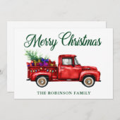 クラシックレッドトラックツリーギフトクリスマスファミリー名 シーズンカード (正面/裏面)