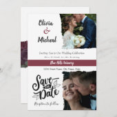 クラシックレッドブルゴーニュの記念日、2枚の写真を保存 招待状 (正面/裏面)