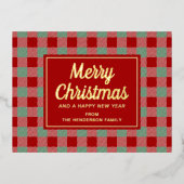 クラシックレッドプレイドスクリプトクリスマス金ゴールド 箔シーズンポストカード (正面)