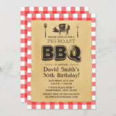 クラシックレッドプレイドピグローストBBQバースデーパーティー 招待状 (正面/裏面)