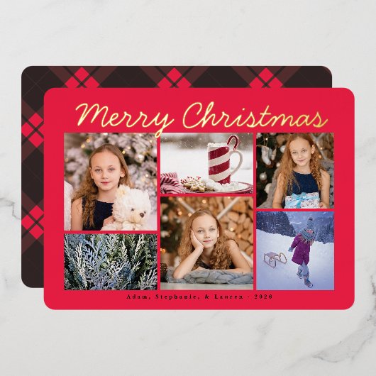 クラシックレッドプレイドメリークリスマスフォイルフォトカード 箔シーズンカード (正面/裏面)