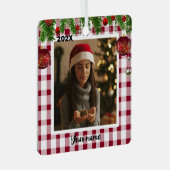 クラシックレッドホワイトプレイドクリスマスフォトメタルOrna メタルオーナメント (正面右)
