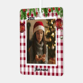 クラシックレッドホワイトプレイドクリスマスフォトメタルOrna メタルオーナメント (正面左)