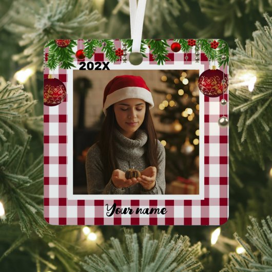 クラシックレッドホワイトプレイドクリスマスフォトメタルOrna メタルオーナメント (インサイチュ)