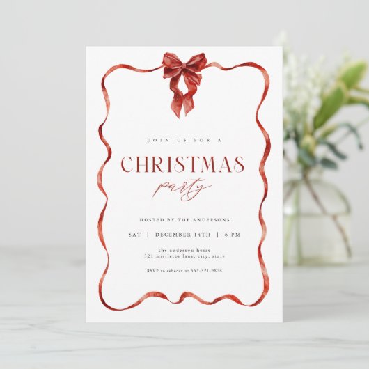 クラシックレッドボウリボンクリスマスパーティの招待状 シーズンカード (スタンド正面)