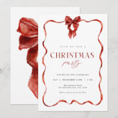 クラシックレッドボウリボン クリスマスパーティ招待状 シーズンカード (正面/裏面)