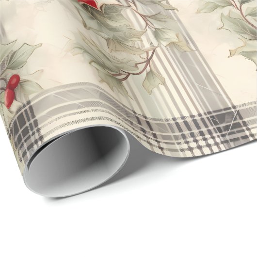 クラシックレッドポインセチアタータンチェッククリスマス ラッピングペーパー (ロールコーナー)