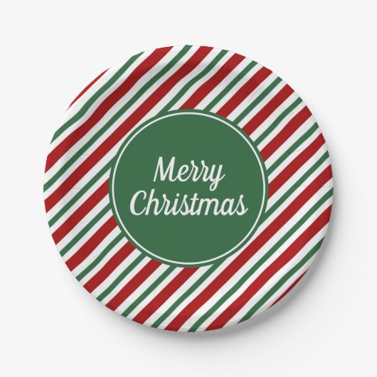クラシックレッド緑ストライプのクリスマス ペーパープレート (正面)
