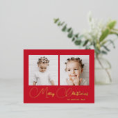 クラシックレッド2フォトクリスマス 箔シーズンポストカード (立ち正面)