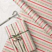 クラシックレッド&グリーンヴィンテージコテージストライプフローラ ラッピングペーパー