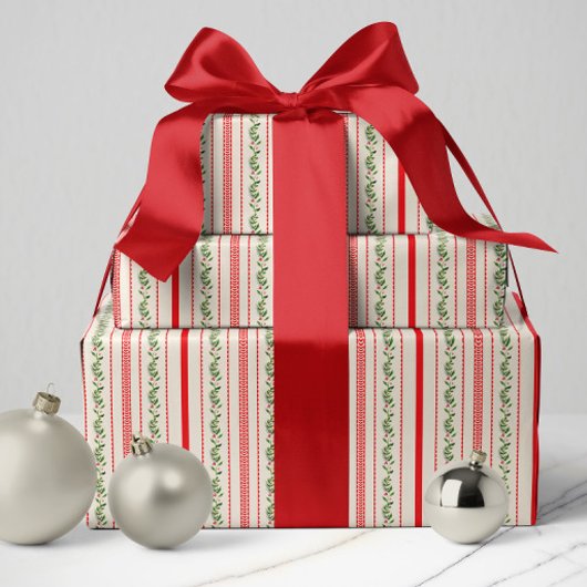 クラシックレッド&グリーンヴィンテージコテージストライプフローラ ラッピングペーパー