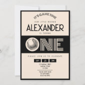 クラシックレトロブラックベースボール1歳誕生日 招待状 (正面)