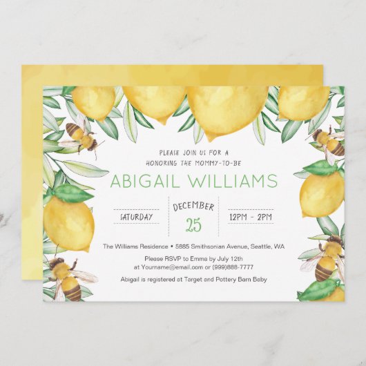 クラシックレモンビー水彩緑の赤ちゃんシャワー 招待状 (正面/裏面)