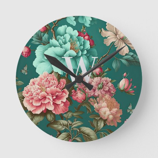 クラシックロマンチックティール（緑がかった色）とピンクフローラモノグラムの ラウンド壁時計 (正面)