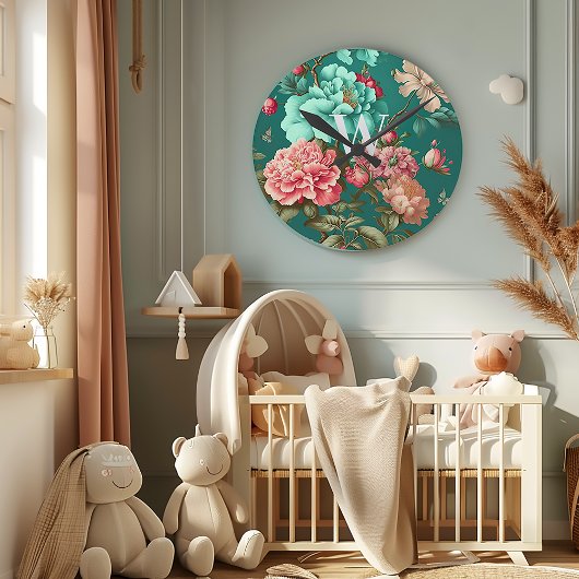 クラシックロマンチックティール（緑がかった色）とピンクフローラモノグラムの ラウンド壁時計