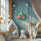 クラシックロマンチックティール（緑がかった色）とピンクフローラモノグラムの ラウンド壁時計