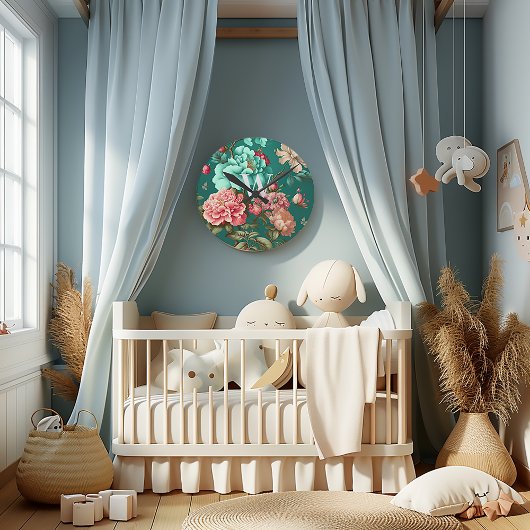 クラシックロマンチックティール(緑がかった色)とピンクフローラモノグラムの ラウンド壁時計