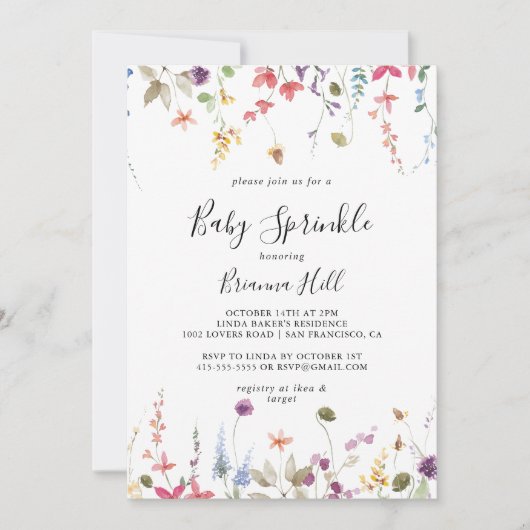 クラシックワイルドカラフルフローラベビー散布 招待状 (正面)