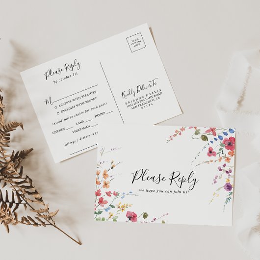 クラシックワイルドカラフルフローラメニュー選択RSVP ポストカード