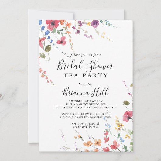 クラシックワイルドカラフルブライダルシャワーティーパーティー 招待状 (正面)