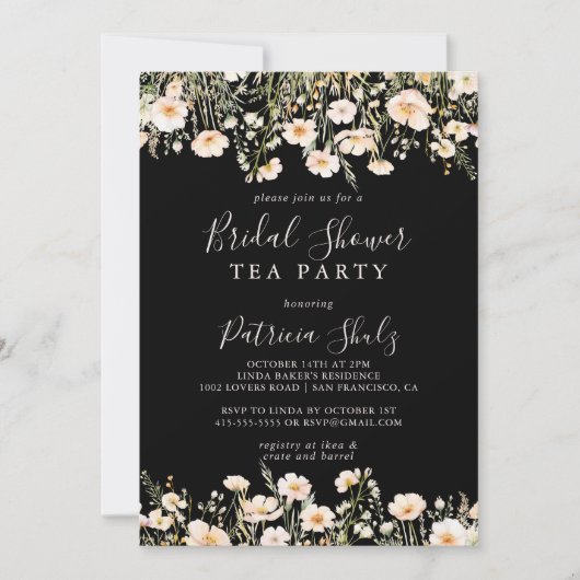 クラシックワイルドフラワーブラックブライダルシャワー茶パーティー 招待状 (正面)