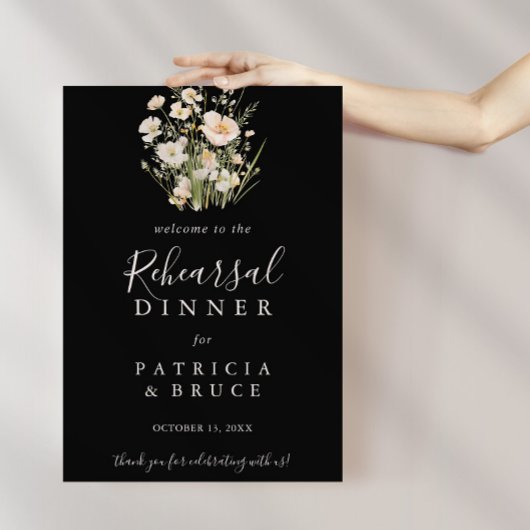 クラシックワイルドフラワーブラックリハーサルディナーウェルカム ポスター