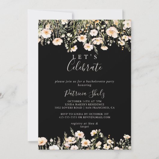 クラシックワイルドフラワーブラックレッツ祝パーティー 招待状 (正面)