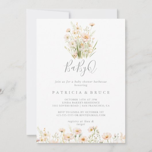 クラシックワイルドフラワーベビーQベビーシャワーバーベキュー 招待状 (正面)