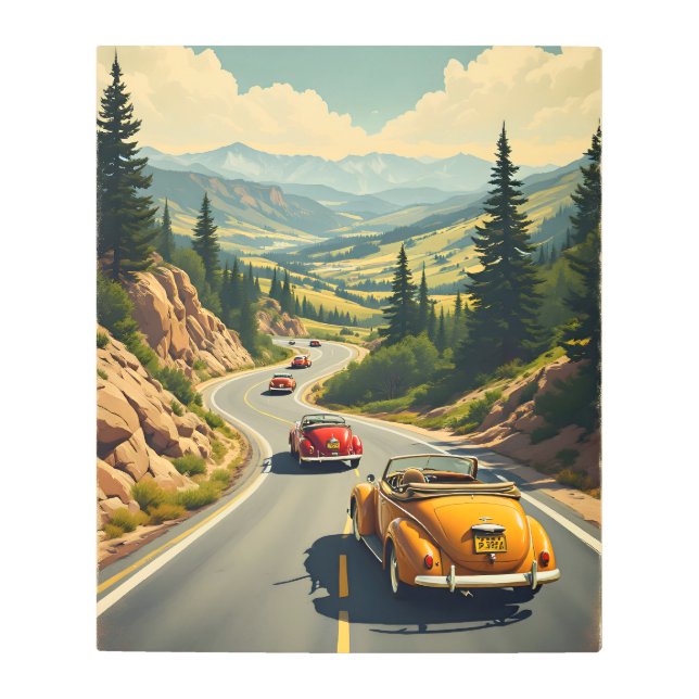 クラシックヴィンテージカーオンシーニックマウンテンロード メタルプリント (正面)