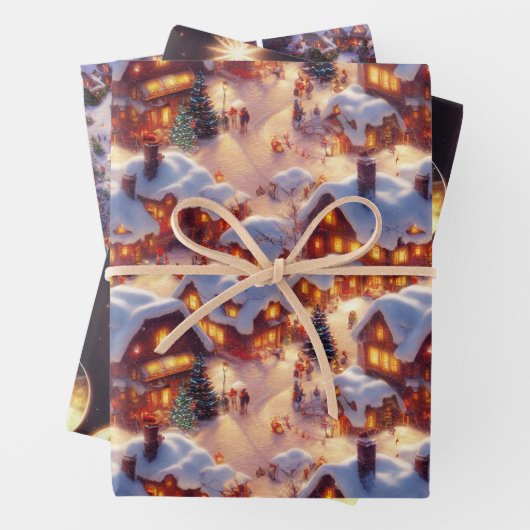 クラシックヴィンテージクリスマスをテーマにしたウィンタービレッジ ラッピングペーパーシート (インサイチュ)