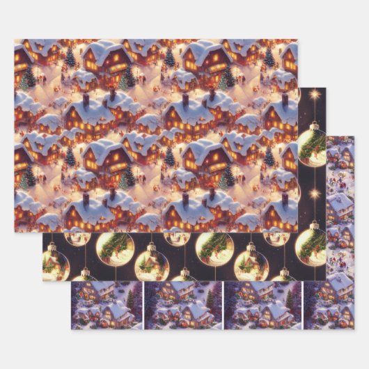 クラシックヴィンテージクリスマスをテーマにしたウィンタービレッジ ラッピングペーパーシート (セット)