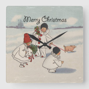 クラシックヴィンテージクリスマス雪の子 スクエア壁時計
