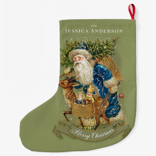 クラシックヴィンテージサンタクロスグリーンカスタム ラージクリスマスストッキング (裏面)