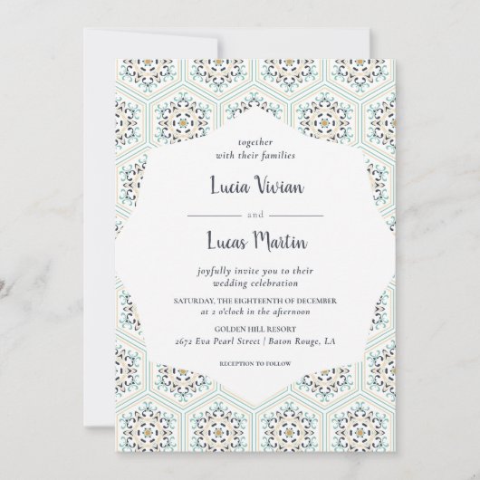 クラシックヴィンテージタイルのテクスチャパタ結婚ーン 招待状 (正面)