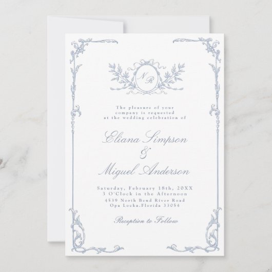 クラシックヴィンテージバロビクトリアンクブルー結婚ズ 招待状 (正面)