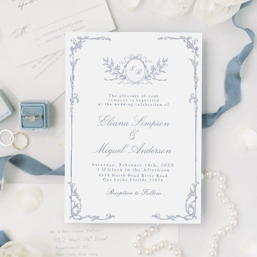 クラシックヴィンテージバロビクトリアンクブルー結婚ズ 招待状