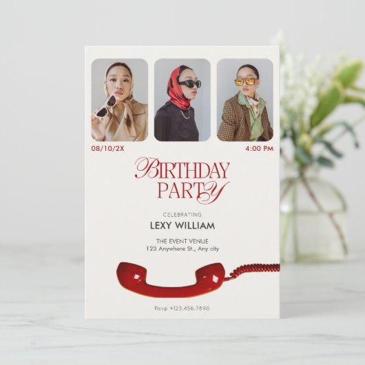 クラシックヴィンテージファッション写真コラージュ誕生日 招待状 (スタンド正面)