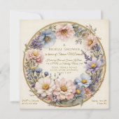 クラシックヴィンテージモダンフローラ水色ピンク金ゴールド 招待状 (正面)