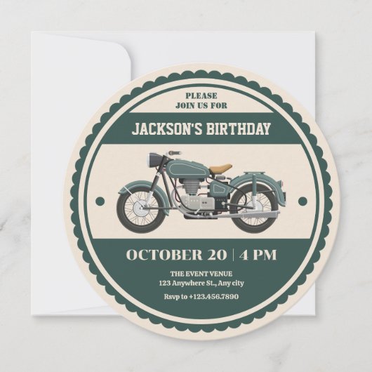 クラシックヴィンテージレトロなグリーンバイク誕生日 招待状 (正面)