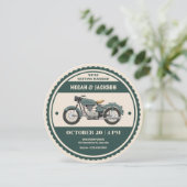 クラシックヴィンテージレトログリーン結婚バイク 招待状 (スタンド正面)