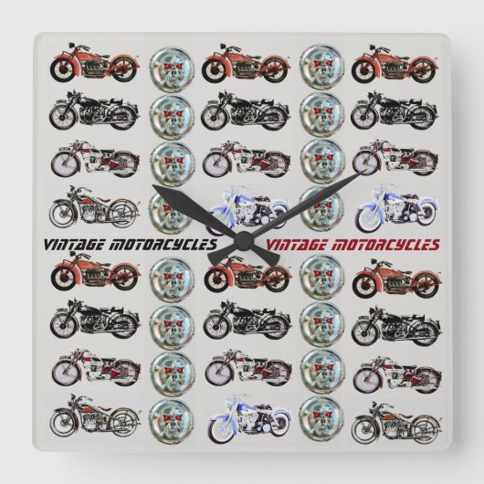 クラシックヴィンテージ二輪車及び金属スカル スクエア壁時計 (正面)