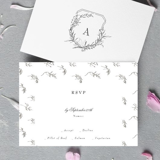 クラシックヴィンテージ植物性モノグラム結婚クレスト 出欠カード