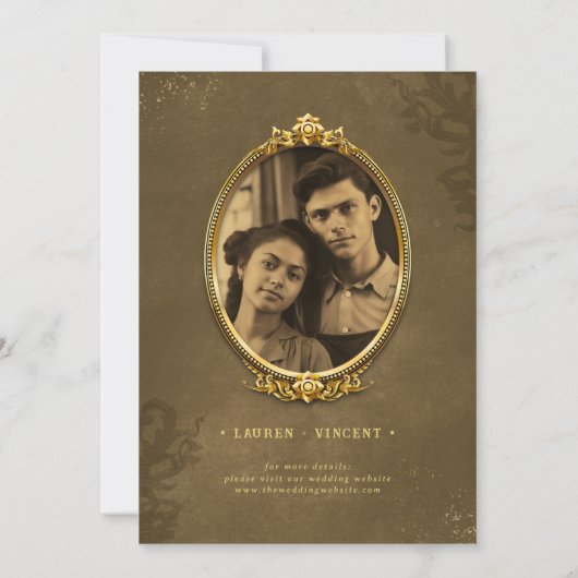 クラシックヴィンテージ金ゴールドバロックのフレーム写真結婚の 招待状 (裏面)