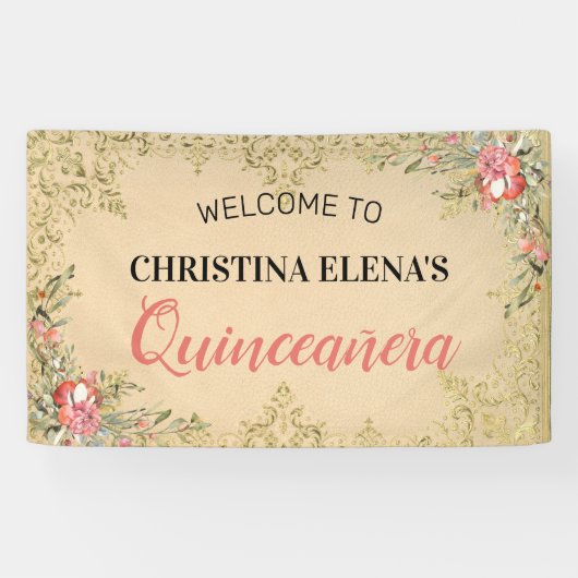 クラシックヴィンテージ金ゴールドフローラキンセアニェラ歓迎 横断幕 (横)