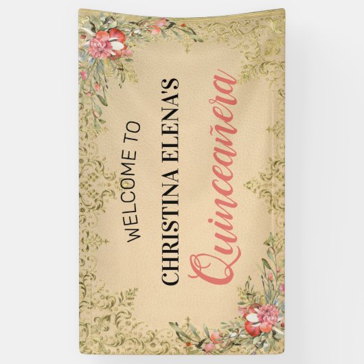 クラシックヴィンテージ金ゴールドフローラキンセアニェラ歓迎 横断幕 (縦)