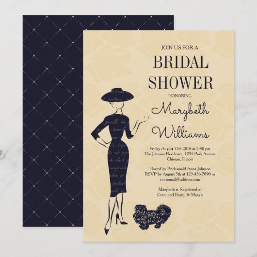 クラシックヴィンテージ50のファッションブライダルシャワーカード 招待状 (正面/裏面)